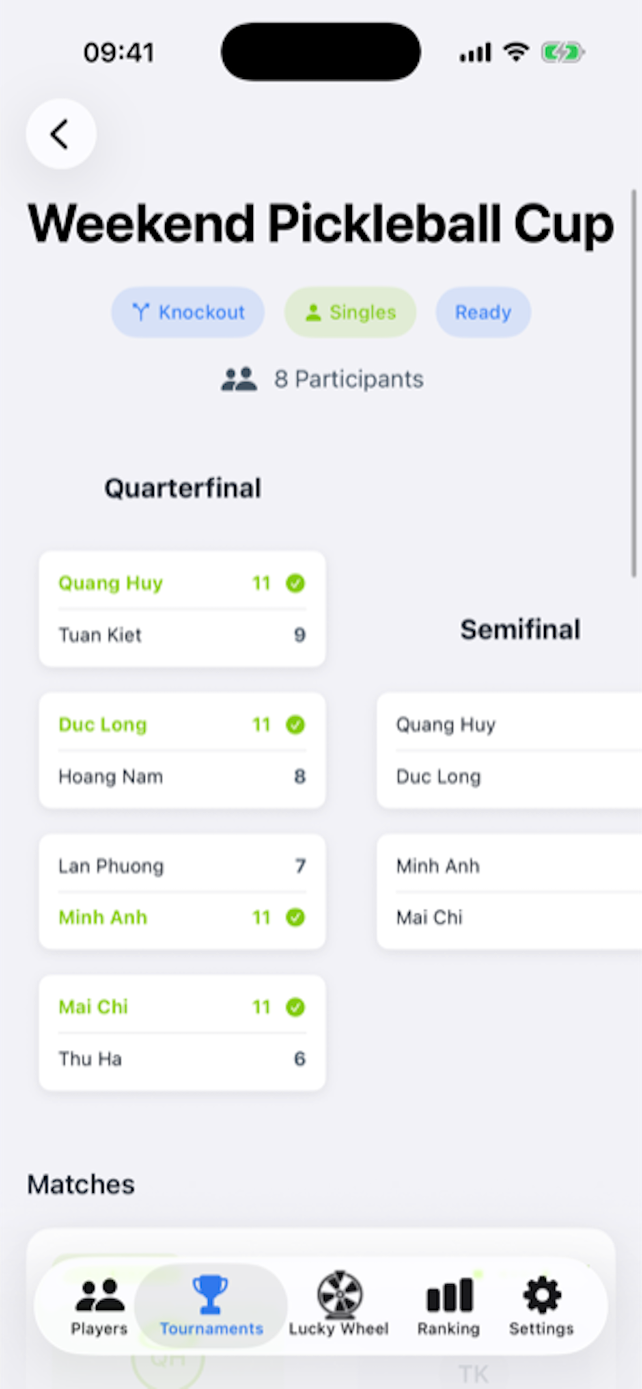 Knockout bracket with completed quarterfinal scores and semifinal pairings
