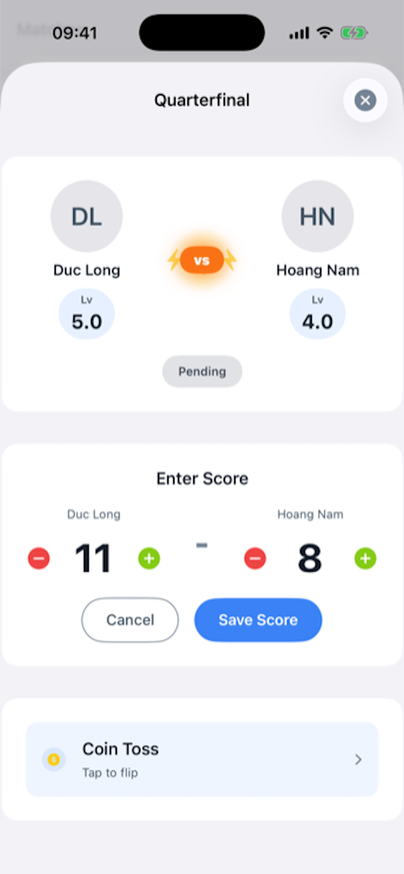 Score entry for a quarterfinal match with plus and minus steppers and a coin toss