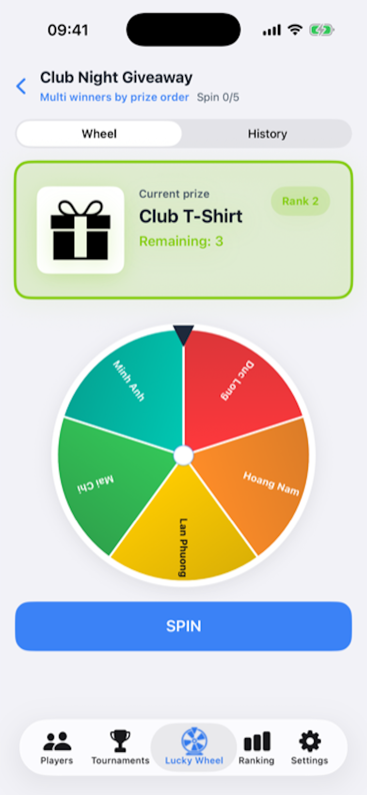 Colorful lucky wheel with player names, current prize, and spin button
